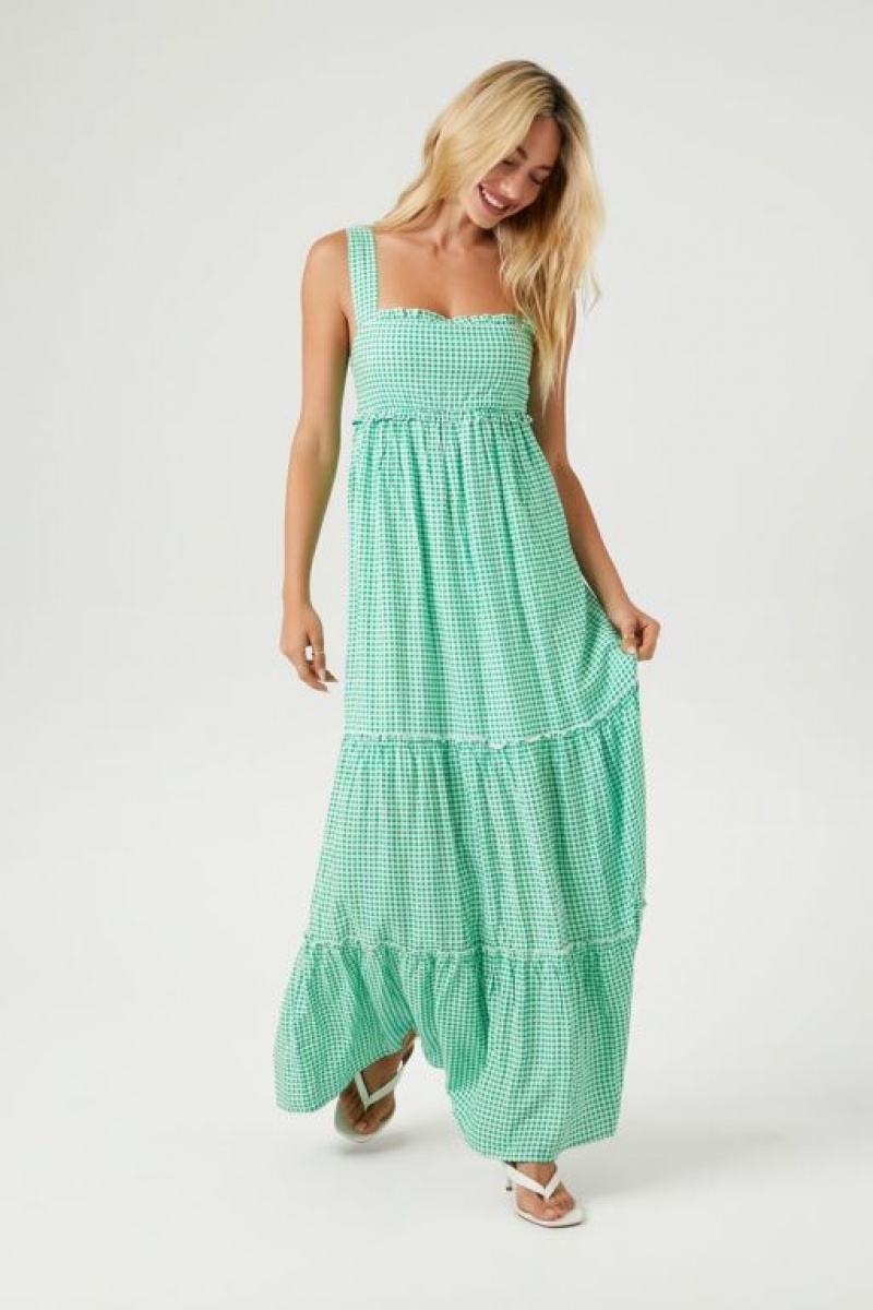 Vestido Forever 21 Gingham Maxi Mujer Verde Blancas | uZZMouBJIyH