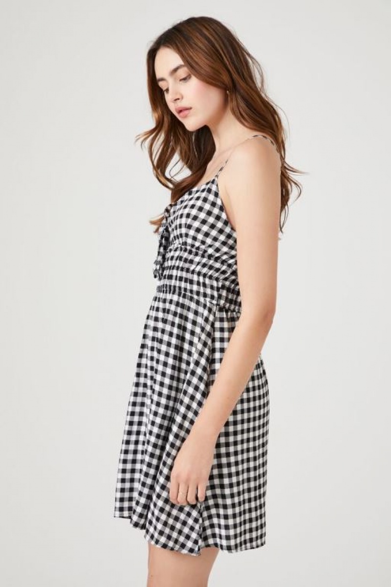 Vestido Forever 21 Gingham Tie Front Mini Mujer Negras Blancas | 8i5AuQ7q0uv