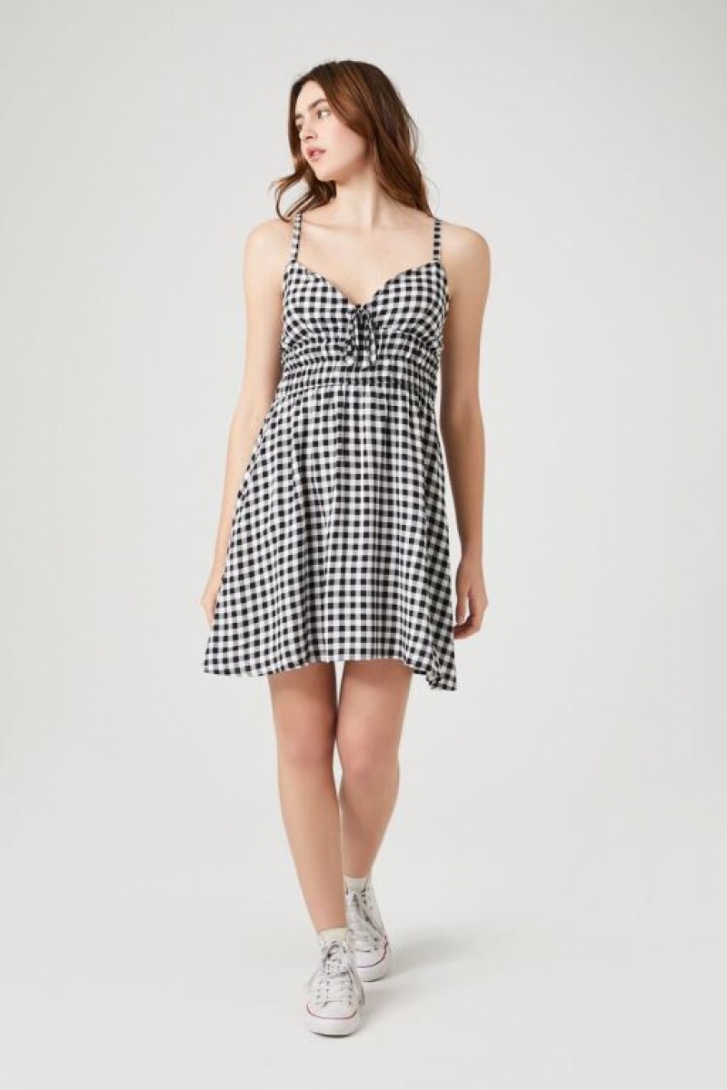 Vestido Forever 21 Gingham Tie Front Mini Mujer Negras Blancas | 8i5AuQ7q0uv