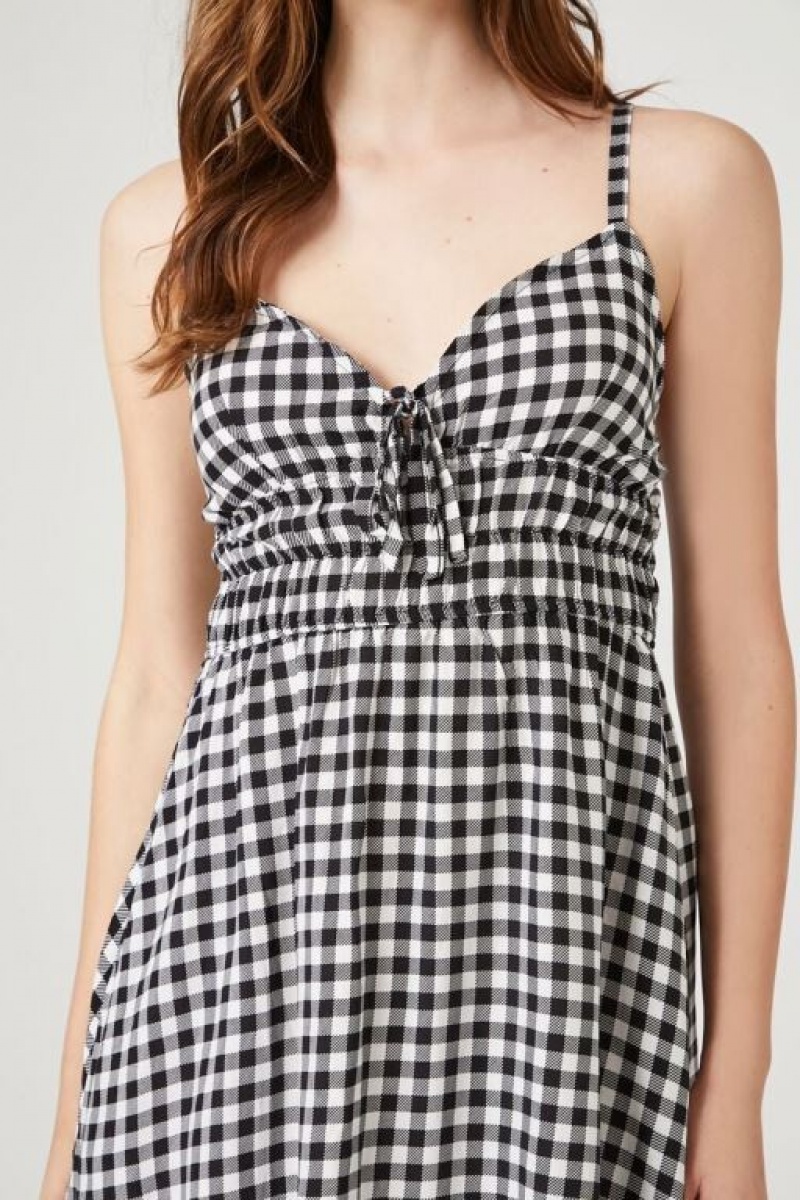 Vestido Forever 21 Gingham Tie Front Mini Mujer Negras Blancas | 8i5AuQ7q0uv