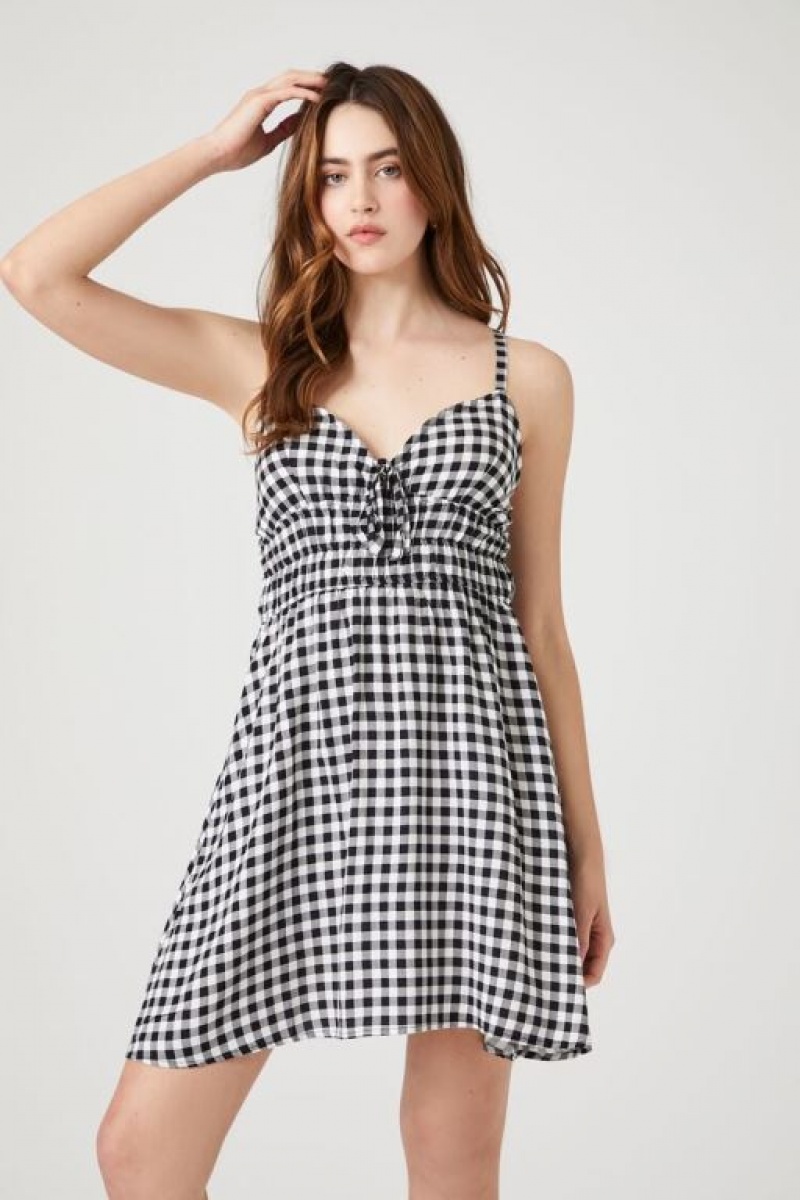 Vestido Forever 21 Gingham Tie Front Mini Mujer Negras Blancas | 8i5AuQ7q0uv