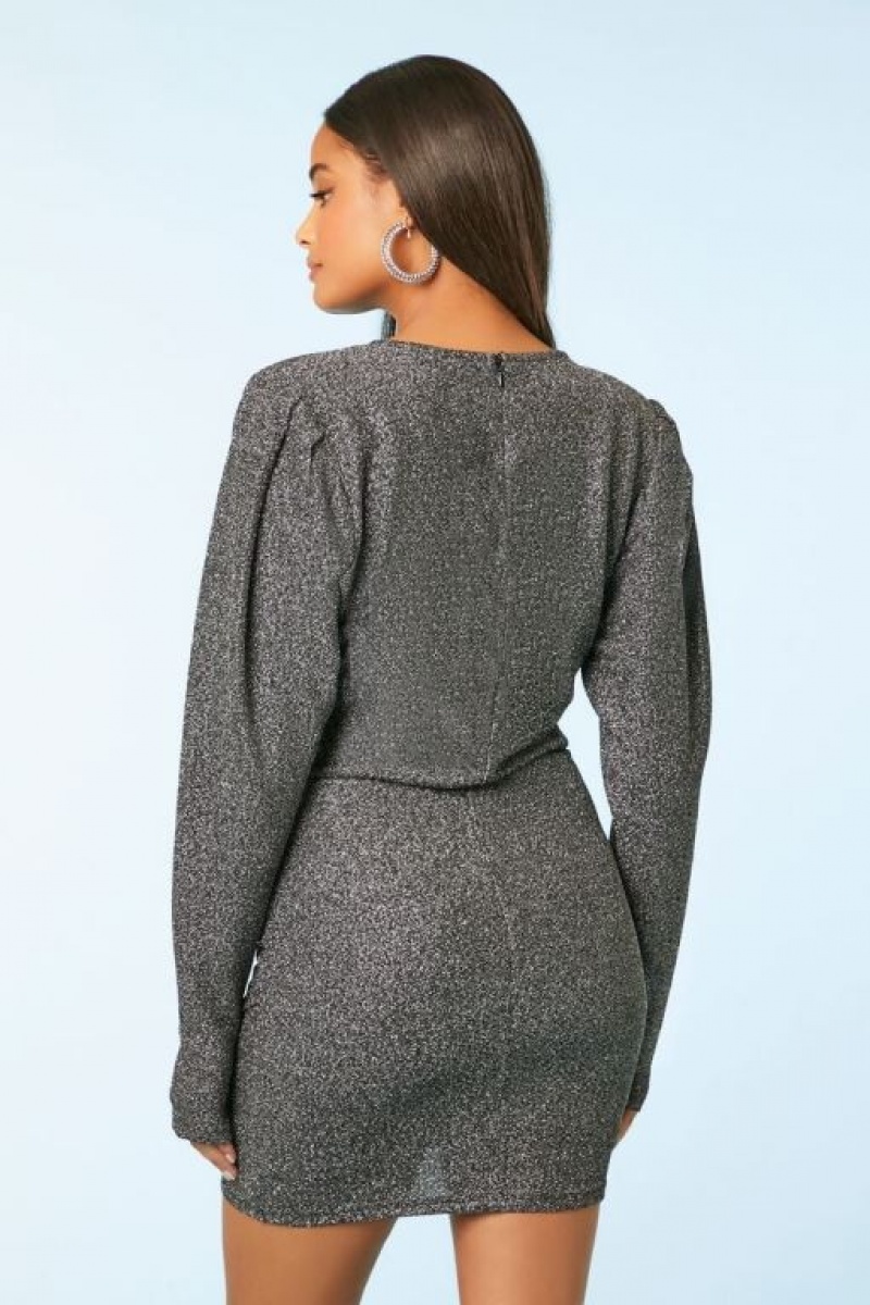 Vestido Forever 21 Glitter Faux Wrap Mini Mujer Negras Plateadas | yBWTbPzYHTn