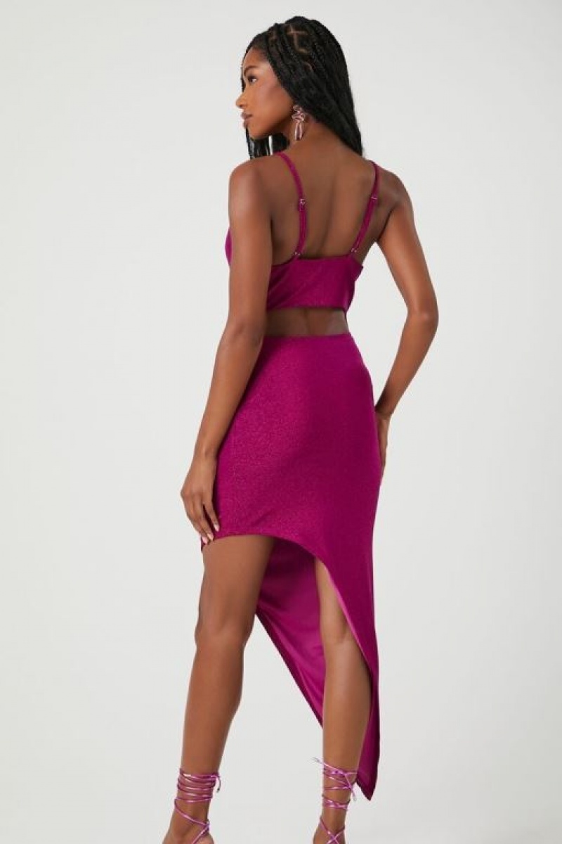 Vestido Forever 21 Glitter Knit Asymmetrical Midi Mujer Magenta | 3hSKOiVR8fB