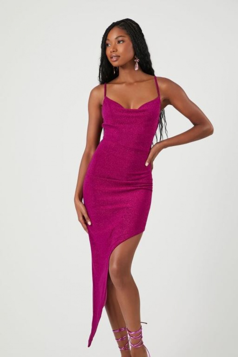 Vestido Forever 21 Glitter Knit Asymmetrical Midi Mujer Magenta | 3hSKOiVR8fB