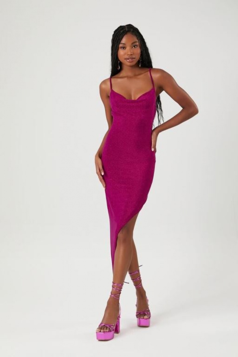 Vestido Forever 21 Glitter Knit Asymmetrical Midi Mujer Magenta | 3hSKOiVR8fB