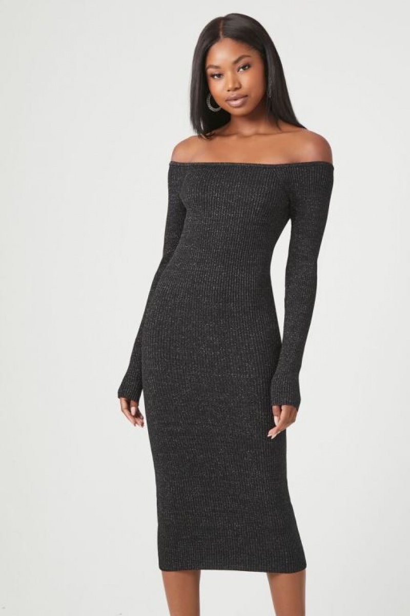 Vestido Forever 21 Glitter Off The Shoulder Midi Mujer Negras Plateadas | vT404cKDv5S