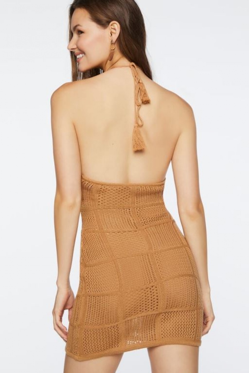 Vestido Forever 21 Grid Crochet Mini Halter Mujer Maple | A0oMnshySEl