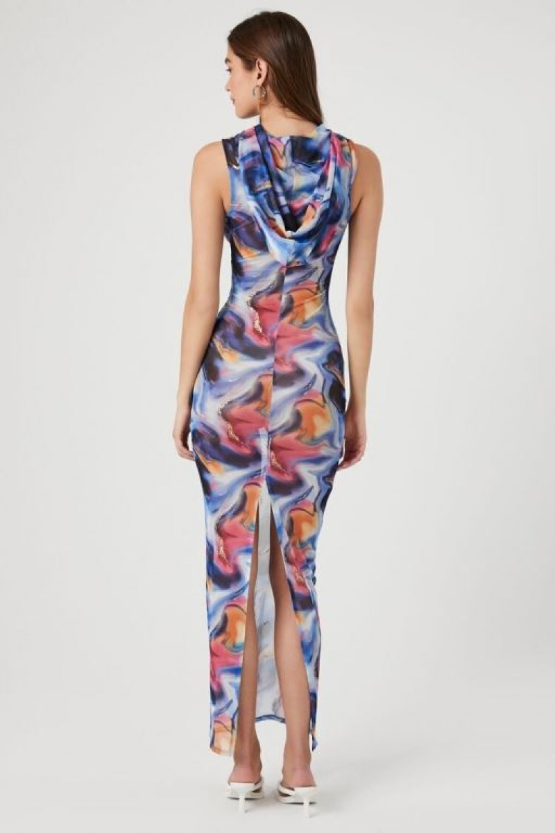 Vestido Forever 21 Hooded Abstract Print Maxi Mujer Azules Multicolor | wQlpZ3tLI9z