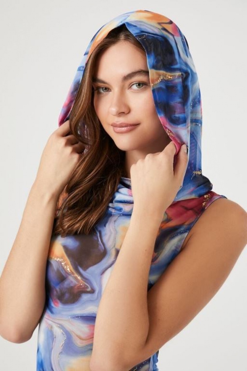 Vestido Forever 21 Hooded Abstract Print Maxi Mujer Azules Multicolor | wQlpZ3tLI9z