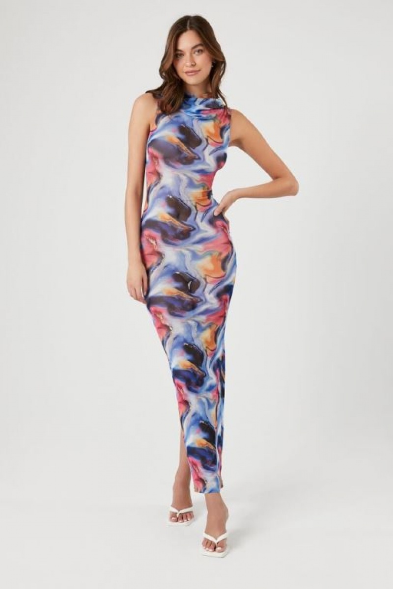 Vestido Forever 21 Hooded Abstract Print Maxi Mujer Azules Multicolor | wQlpZ3tLI9z