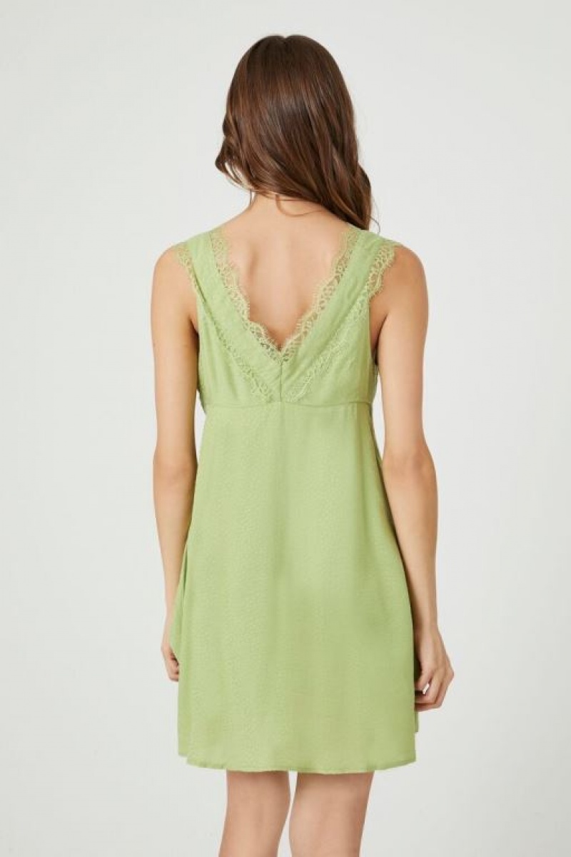 Vestido Forever 21 Jacquard Lace Trim Mini Mujer Verde Oliva | KHWpJEzUkR9