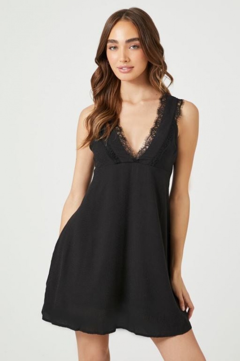 Vestido Forever 21 Jacquard Lace Trim Mini Mujer Negras | J4Qq8Xhevqw