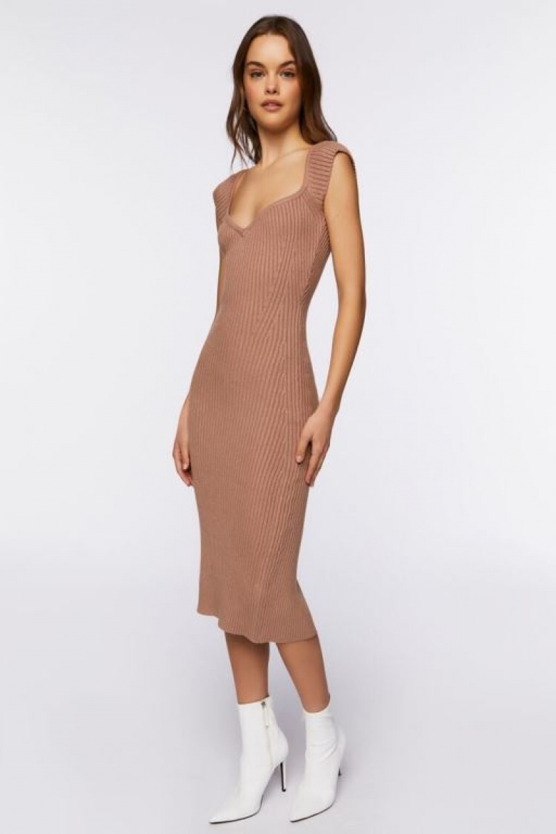 Vestido Forever 21 Knit Acanalado Midi Mujer Gris Marrones | DaqtXlAWDfU