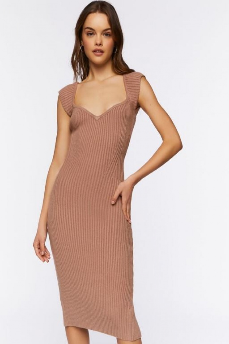 Vestido Forever 21 Knit Acanalado Midi Mujer Gris Marrones | DaqtXlAWDfU