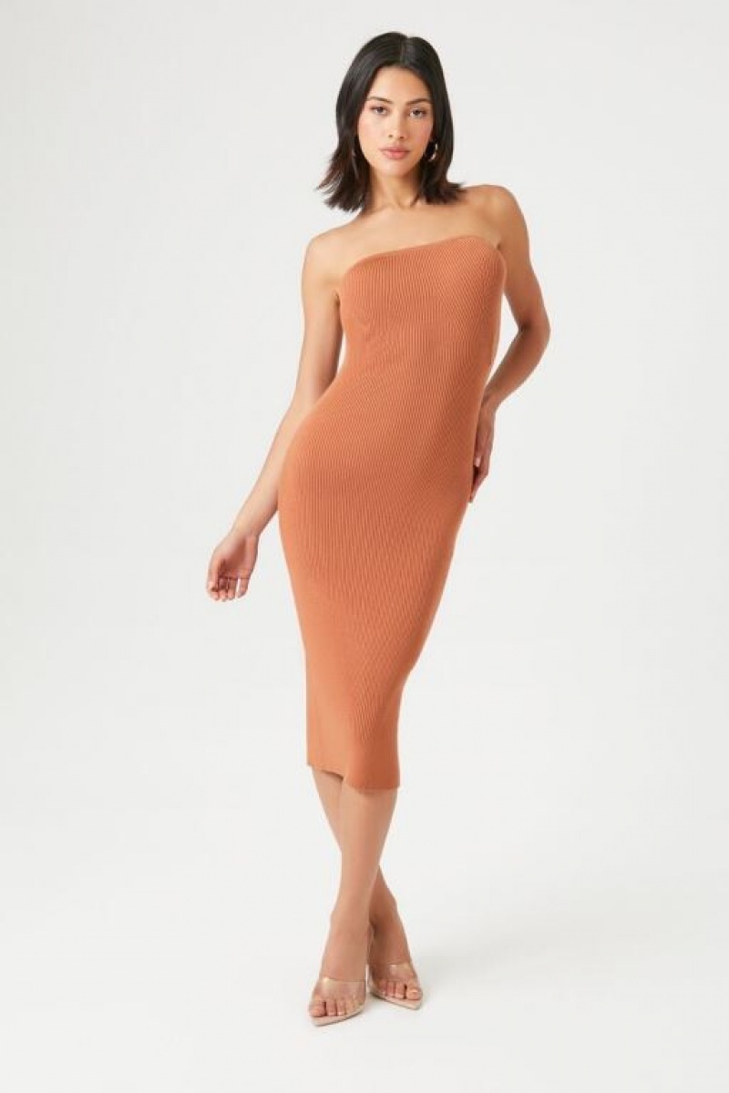 Vestido Forever 21 Knit Tube Midi Mujer Praline | 65FQD9ZwD4u