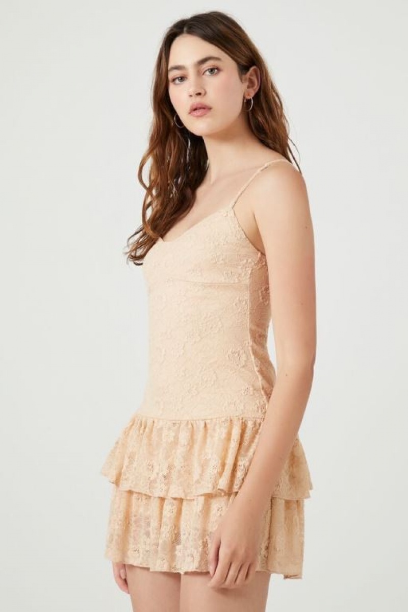 Vestido Forever 21 Lace Drop Waist Mini Mujer Beige | D3ZfkNRzBsW