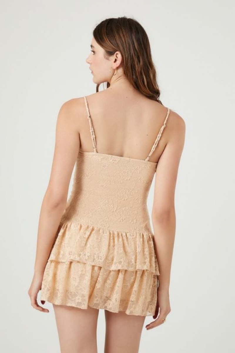 Vestido Forever 21 Lace Drop Waist Mini Mujer Beige | D3ZfkNRzBsW