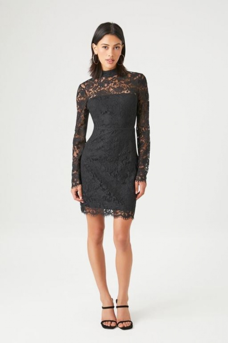 Vestido Forever 21 Lace Mock Neck Bodycon Mini Mujer Negras | q9Lce55uMYz