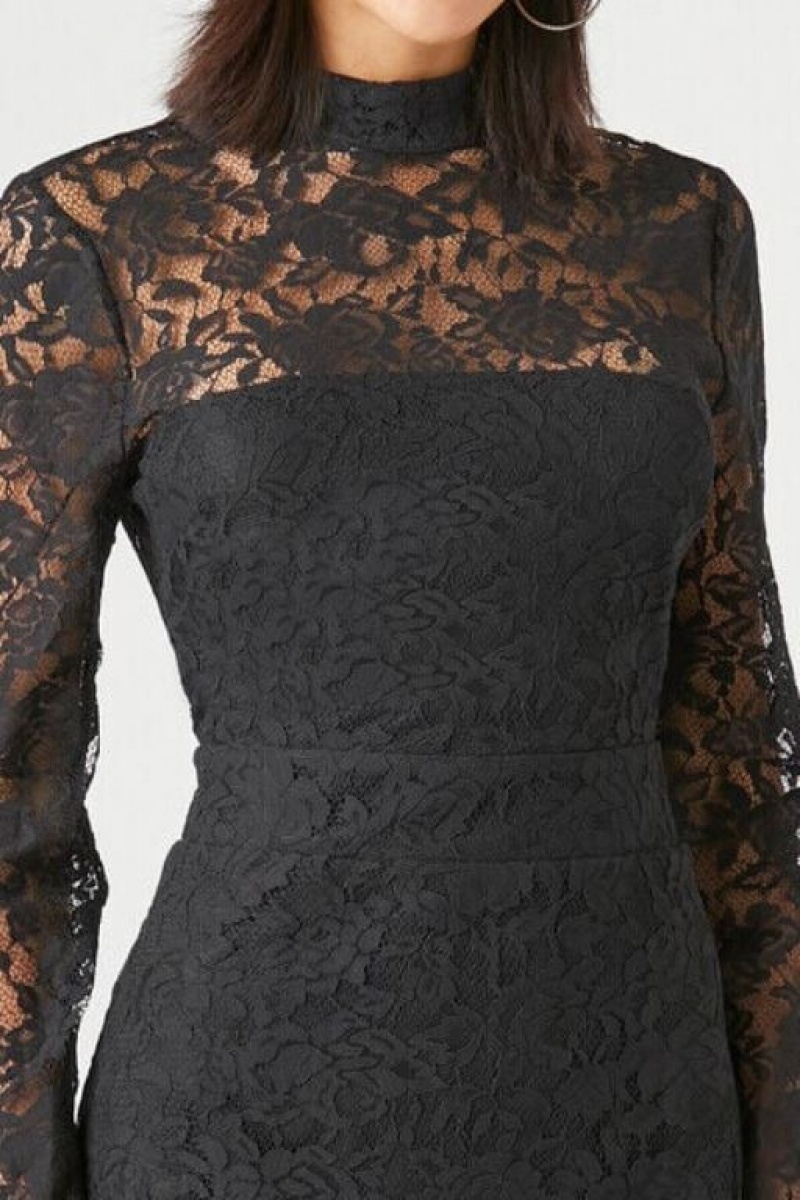 Vestido Forever 21 Lace Mock Neck Bodycon Mini Mujer Negras | q9Lce55uMYz