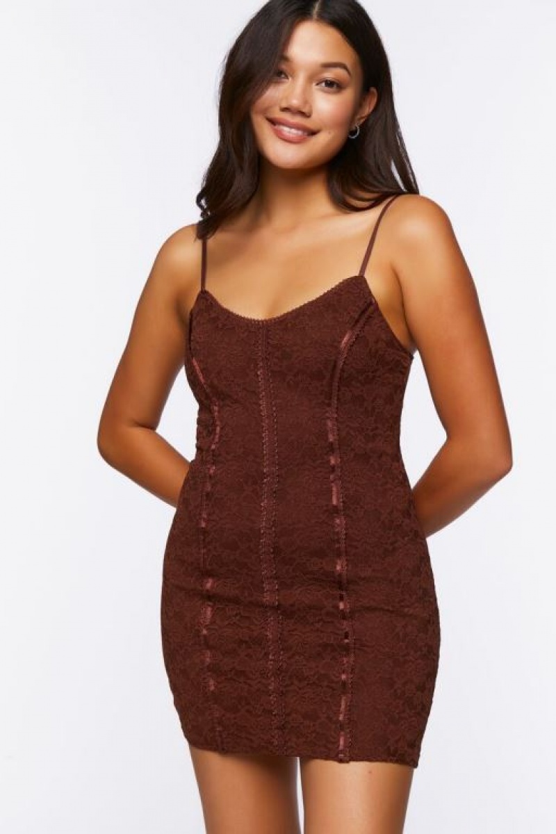 Vestido Forever 21 Lace Seamed Mini Mujer Cafe | MQ86VEwh3FA