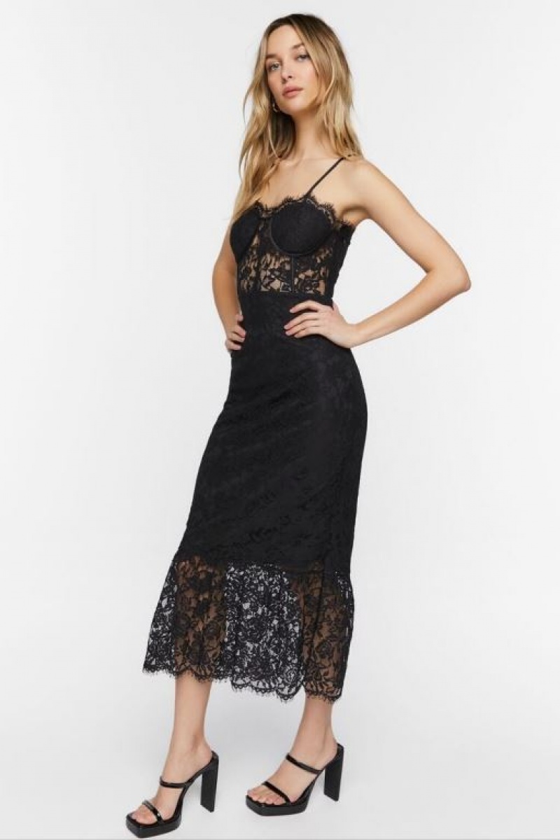 Vestido Forever 21 Lace Sweetheart Midi Mujer Negras | vj5smbUTekB