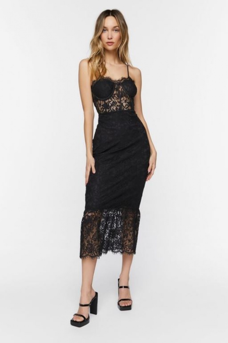 Vestido Forever 21 Lace Sweetheart Midi Mujer Negras | vj5smbUTekB