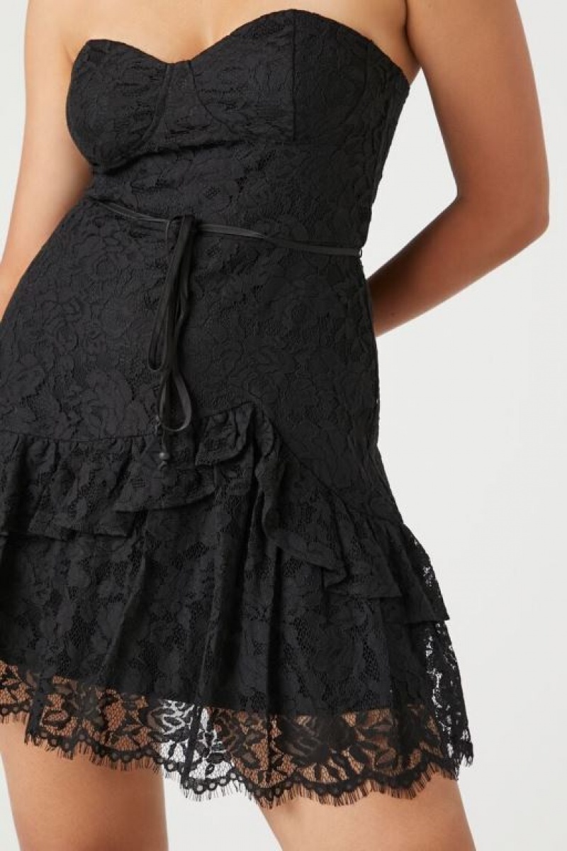 Vestido Forever 21 Lace Sweetheart Ruffle Trim Mujer Negras | M22UL37yZx0