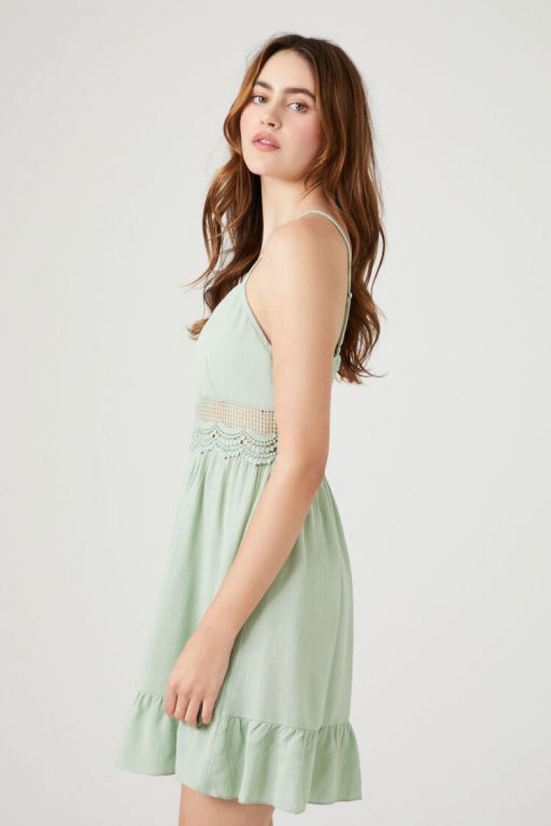 Vestido Forever 21 Lace Trim Flounce Mini Mujer Verde Oliva | SHl6Okw09SJ