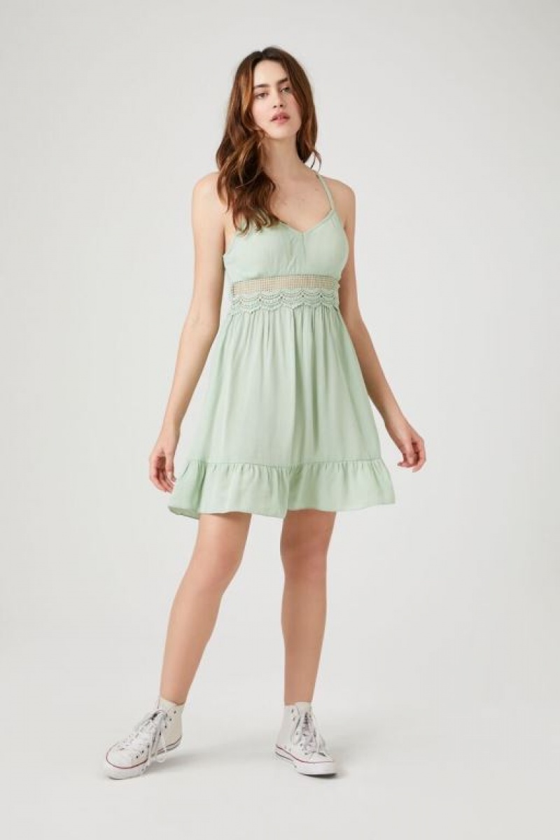 Vestido Forever 21 Lace Trim Flounce Mini Mujer Verde Oliva | SHl6Okw09SJ