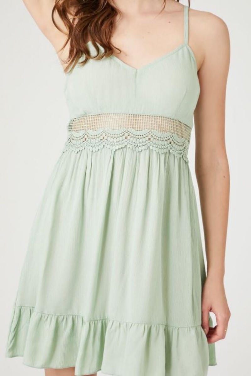 Vestido Forever 21 Lace Trim Flounce Mini Mujer Verde Oliva | SHl6Okw09SJ