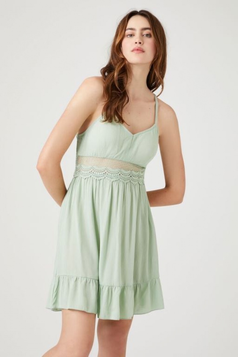 Vestido Forever 21 Lace Trim Flounce Mini Mujer Verde Oliva | SHl6Okw09SJ