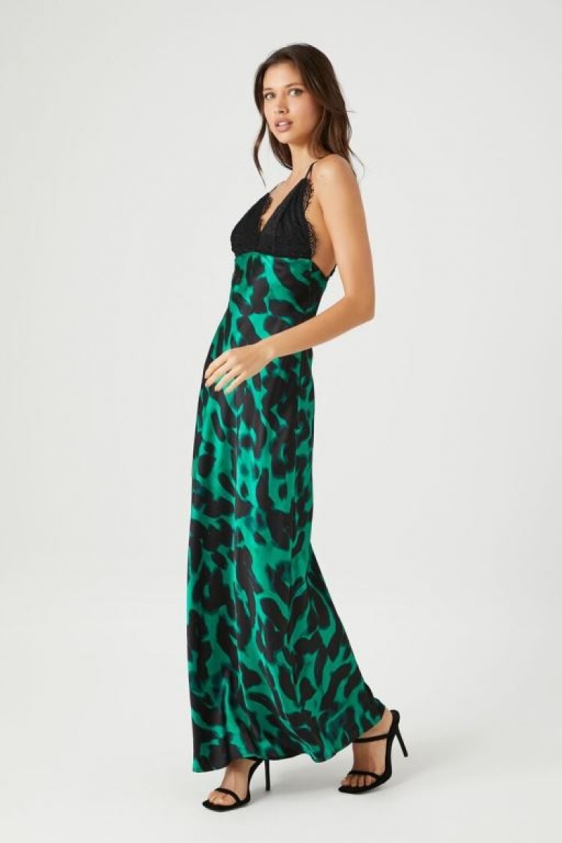 Vestido Forever 21 Lace Trim Satin Leopard Maxi Mujer Turquesa Negras | atG5DELAW42