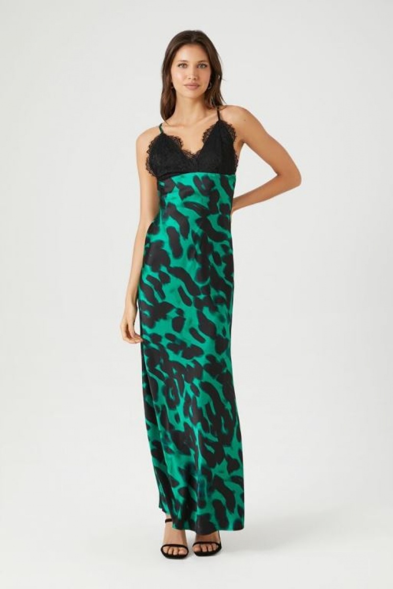 Vestido Forever 21 Lace Trim Satin Leopard Maxi Mujer Turquesa Negras | atG5DELAW42