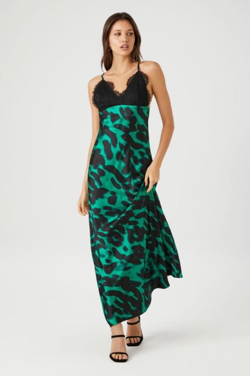 Vestido Forever 21 Lace Trim Satin Leopard Maxi Mujer Turquesa Negras | atG5DELAW42