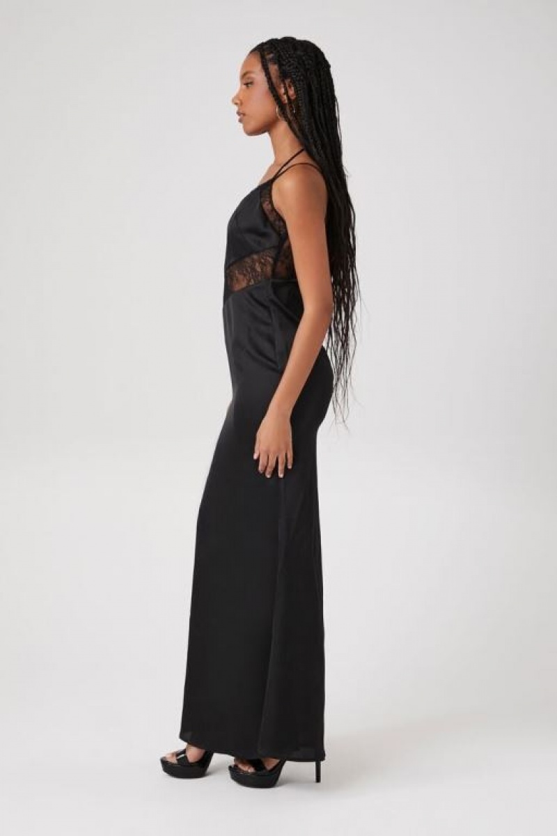 Vestido Forever 21 Lace Trim Satin Maxi Mujer Negras | n3IXcH5zTPd