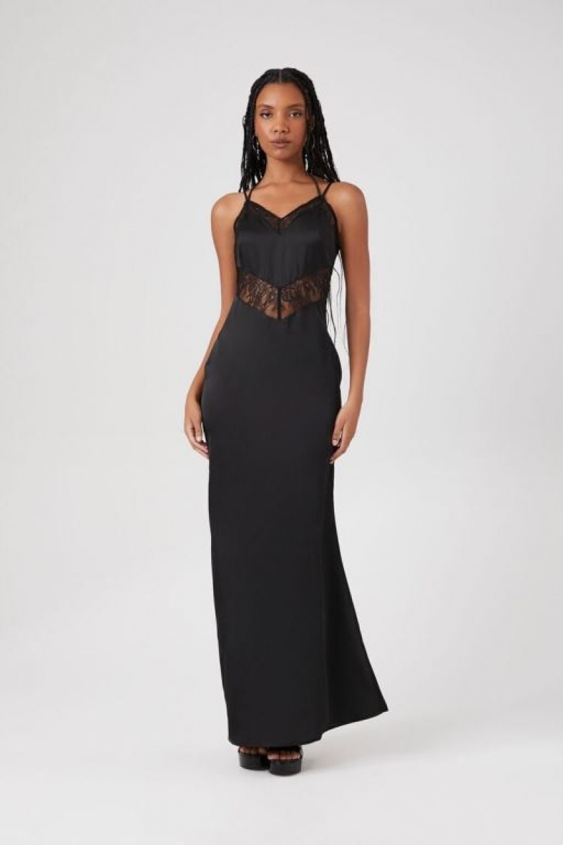 Vestido Forever 21 Lace Trim Satin Maxi Mujer Negras | n3IXcH5zTPd