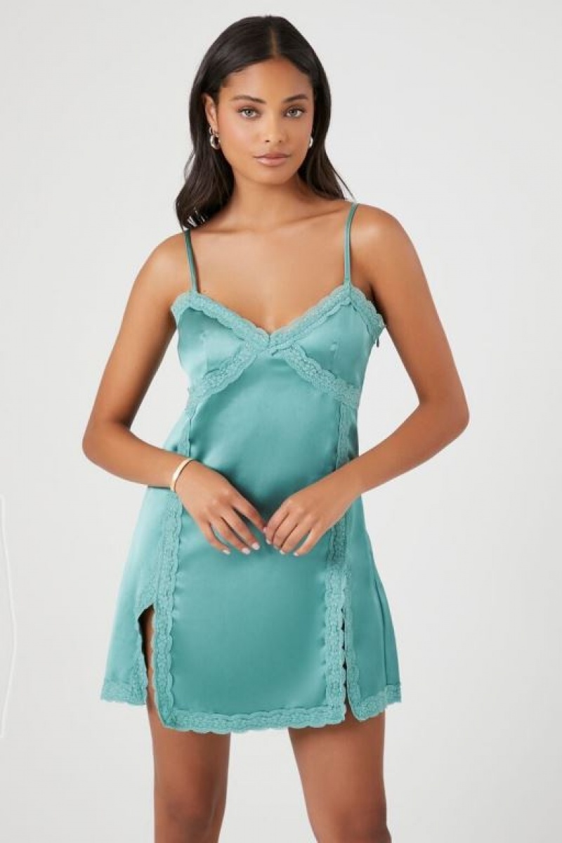 Vestido Forever 21 Lace Trim Slip Mini Mujer Gris Azules | 9EOjT5XDCKH