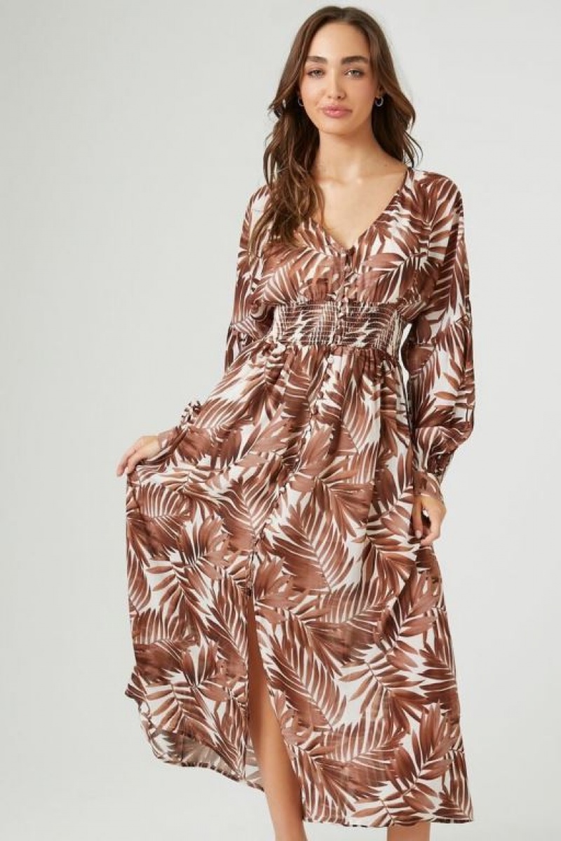 Vestido Forever 21 Leaf Print Peasant Sleeve Maxi Mujer Marrones Multicolor | FteAHlJSJ6Y