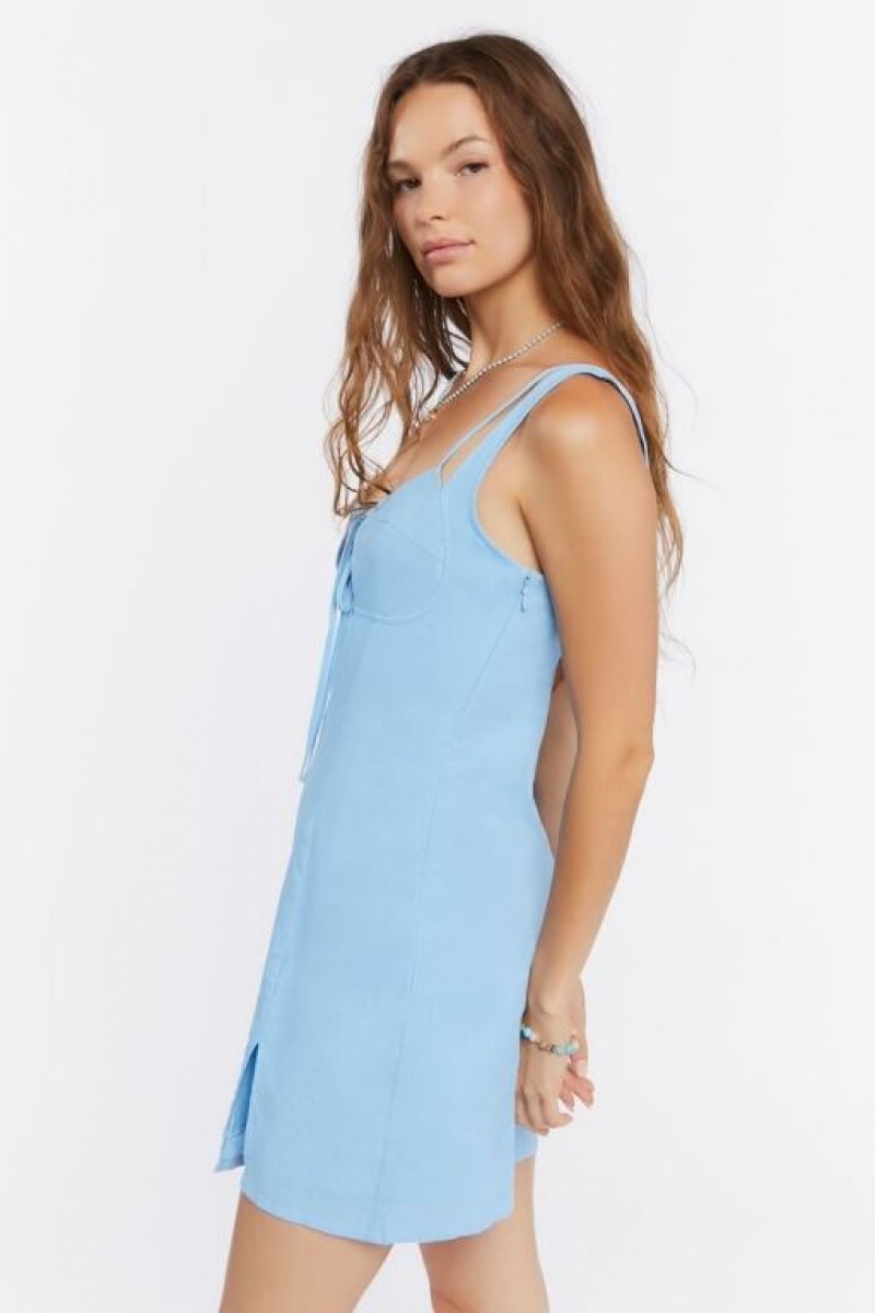 Vestido Forever 21 Linen Blend Tie Front Mini Mujer Azules | MIXf60AtMso