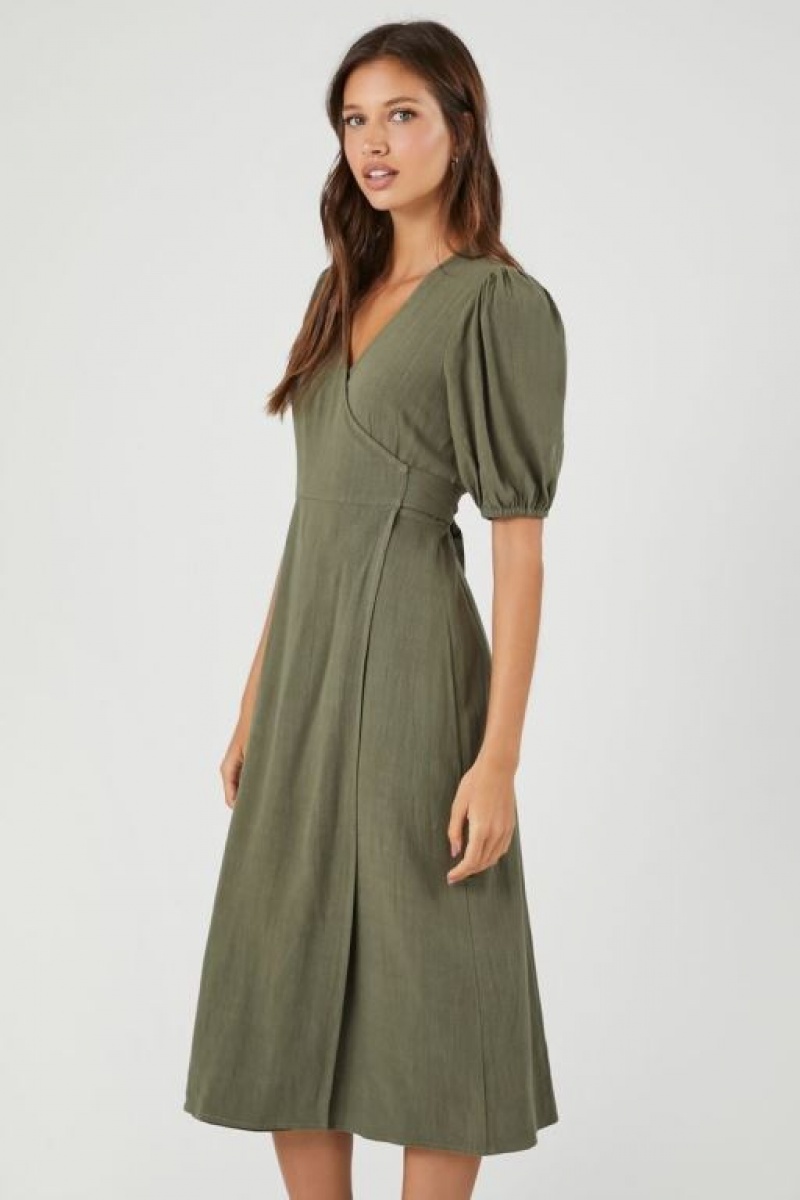 Vestido Forever 21 Linen Blend Wrap Midi Mujer Verde Oliva | OgO35LRVGuO