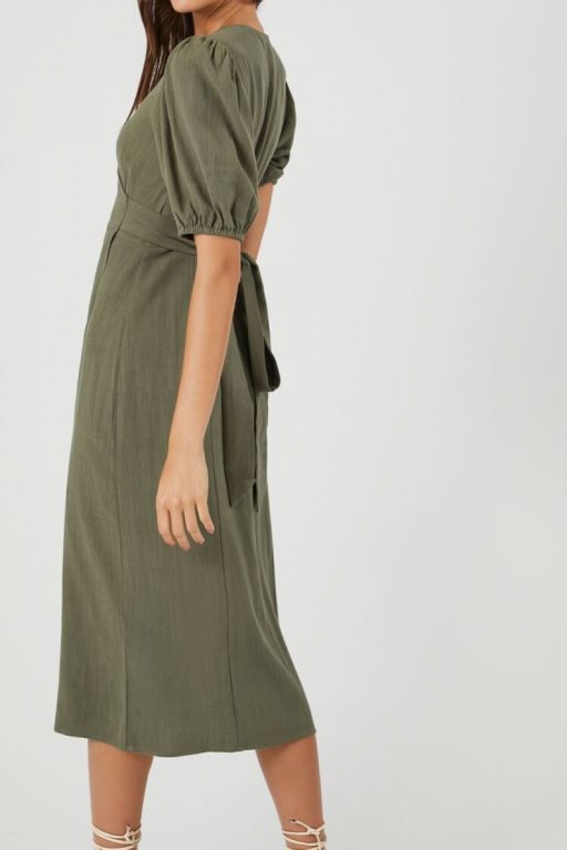 Vestido Forever 21 Linen Blend Wrap Midi Mujer Verde Oliva | OgO35LRVGuO