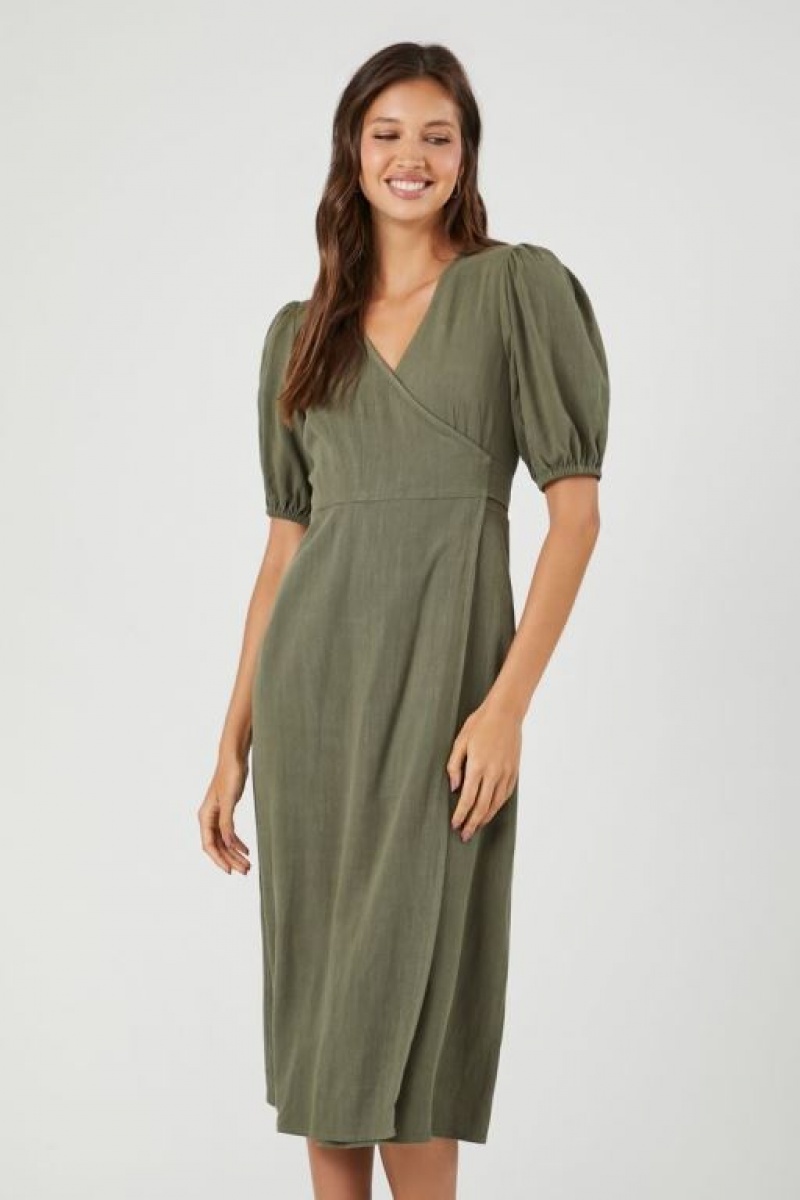 Vestido Forever 21 Linen Blend Wrap Midi Mujer Verde Oliva | OgO35LRVGuO