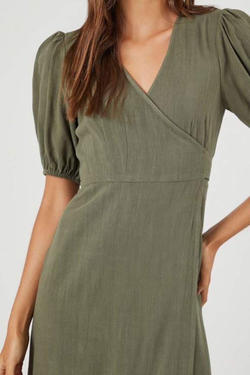 Vestido Forever 21 Linen Blend Wrap Midi Mujer Verde Oliva | OgO35LRVGuO