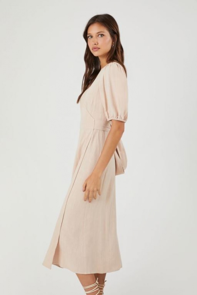 Vestido Forever 21 Linen Blend Wrap Midi Mujer Sandshell | vUeXi7B1v9D