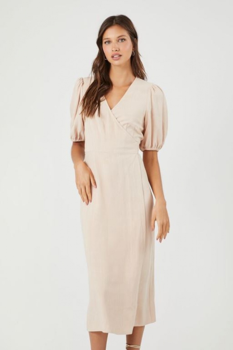 Vestido Forever 21 Linen Blend Wrap Midi Mujer Sandshell | vUeXi7B1v9D