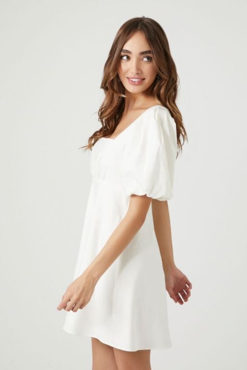 Vestido Forever 21 Linen Puff Sleeve Cutout Mini Mujer Blancas | u7lxKi5Plig