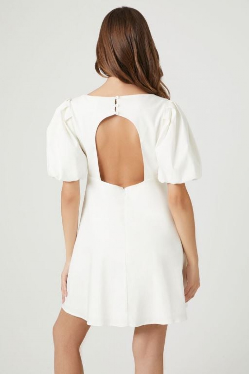 Vestido Forever 21 Linen Puff Sleeve Cutout Mini Mujer Blancas | u7lxKi5Plig