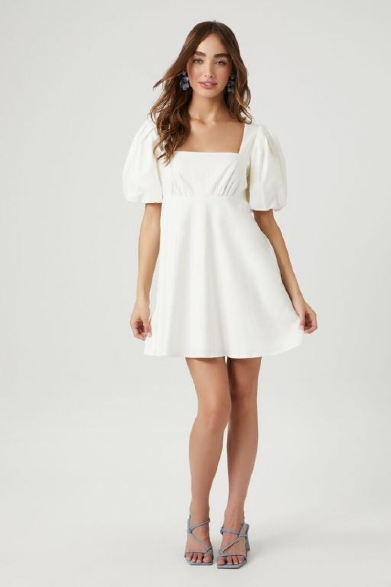 Vestido Forever 21 Linen Puff Sleeve Cutout Mini Mujer Blancas | u7lxKi5Plig