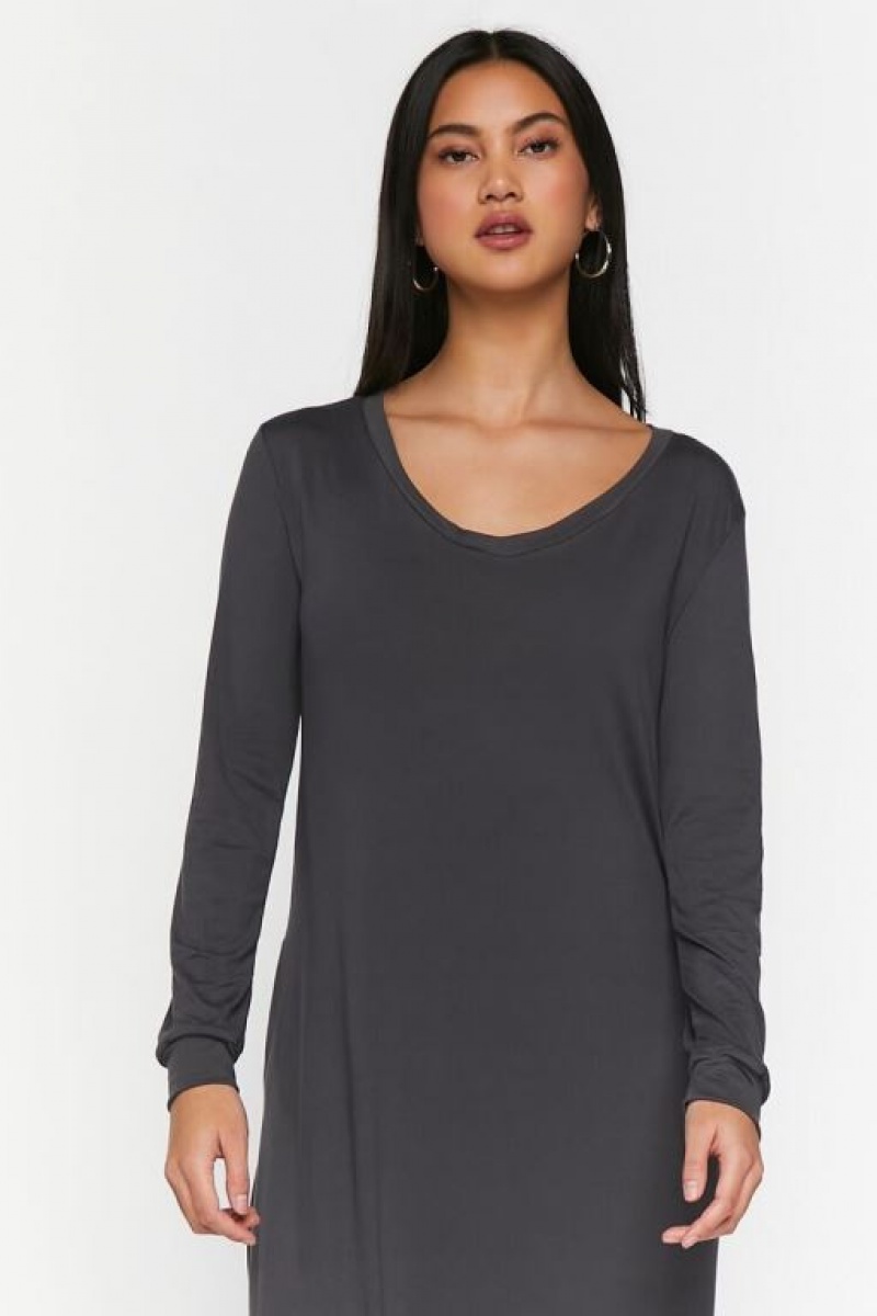 Vestido Forever 21 Long Sleeve Dolphin Hem Midi Mujer Gris | svRcwOqJ4kQ