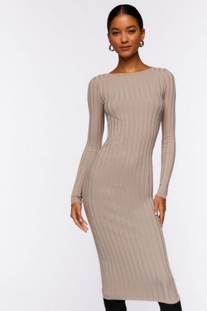 Vestido Forever 21 Long Sleeve Midi Mujer Gris | yUUGSzCmsZK